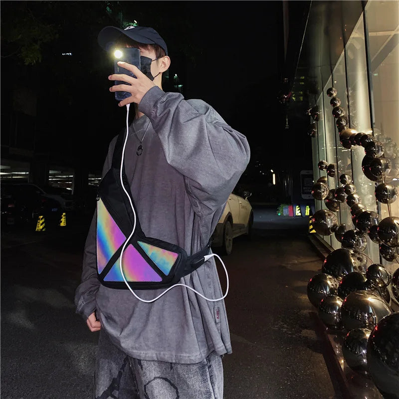 Reflective Colorful Chest Bag – Harajuku Style Crossbody Backpack with USB