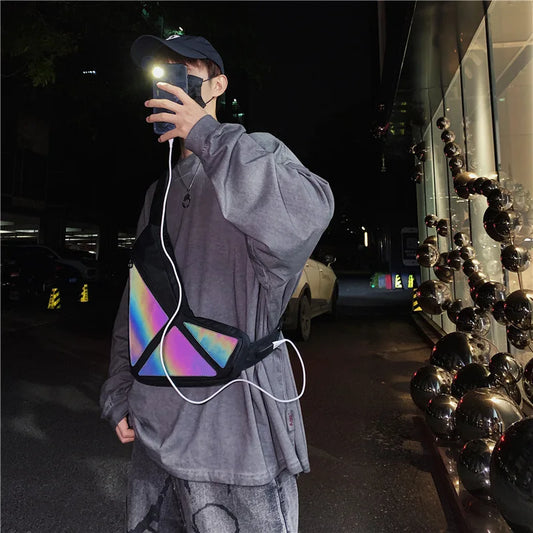 Reflective Colorful Chest Bag – Harajuku Style Crossbody Backpack with USB